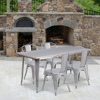Flash Furniture 31.5'' x 63'' Rectangular Silver Metal Indoor-Outdoor Table Set with 4 Stack Chairs (ET-CT005-4-30-SIL-GG)-Galvanized Steel, Metal, Rubber