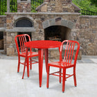 30'' Round Red Metal Indoor-Outdoor Table Set with 2 Vertical Slat Back Chairs [CH-51090TH-2-18VRT-RED-GG]-30"W x 30"D x 29.50"H