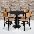 Flash Furniture 30'' Square Black Laminate Table Set with Round Base and 4 Wood Slat Back Metal Chairs, Natural Wood Seat-Set Includes 4 Chairs, Square Table Top and Round Base