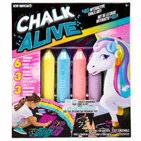 Chalk Alive Unicorn and Friends-Use the chalks to colour in the reusable stencils. Then, scan your art using the Chalk Alive app - available on the Apple App Store or Google Play - to unlock the characters and explore their worlds