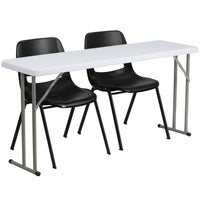 Flash Furniture – Table d’enseignement pliable de 60 po avec 2 chaises empilables en plastique noir, granite blanc (RB18602)-L’ensemble comprend une table d’enseignement rectangulaire et deux chaises