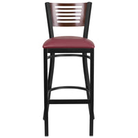 Flash Furniture HERCULES Series Black Slat Back Metal Restaurant Barstool - Walnut Wood Back - Burgundy Vinyl Seat-Metal Barstool