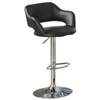 Monarch Specialties 2357 Barstool - Black/Chrome Metal Hydraulic Lift-This cool contemporary bar chair will be a stylish addition to your casual dining and entertainment area. The plush curved stool back and seat are covered in black leatherette to complement your taste. A shiny steel base with a high polished chrome finish supports the chair, with a hydraulic lift and round footrest below for comfort. Transform your home into a fun hangout with this stylish bar stool.