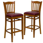 Flash Furniture HERCULES Series Vertical Slat Back Cherry Wood Restaurant Barstool - Burgundy Vinyl Seat - 2 Pack-Vertical Slat Back Design