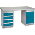 Kleton Workbench, Steel-Wood Fill, 2 Pedestals, 4 Drawers, Full Door Cabinet, 30"W. x 72"L. x 34"H.-34" overall height