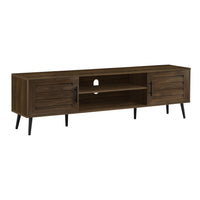 Monarch Specialties 2717 Tv Stand - 72"L/Brown Wood-Look With 2 Doors-This 72 inch transitional style tv stand in a rich brown laminate finish will suit any style of decor, while the slanted black wood legs add a discrete mid-century touch