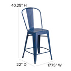 Tabouret à hauteur de comptoir pour l'intérieur et l'extérieur de 24 po haut. en métal bleu antique vieilli avec dossier-Appui-pieds
