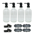 Wamaco 16oz Glass Bottle with Black Pump, Clear, 4 Pack-Use for essential oils, sanitizer and cleaning solutions