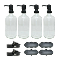 Wamaco 16oz Glass Bottle with Black Pump, Clear, 4 Pack-Use for essential oils, sanitizer and cleaning solutions