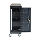 Luxor (LLTP12-B) 12 Laptop/Chromebook Compact Charging Cart, Black-Cart (with handle): 14" W x 24.75" D x 39.625" H.  Cart (without handle): 14" W x 21.15" D x 39.625" H.  Top Two Shelves: 13.75" W x 16" D x 12" H.  Storage Shelf: 18.75" W x 15.25" D x 4.5" H