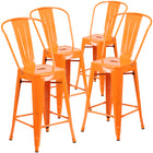 Flash Furniture Commercial Grade 24" High Orange Metal Indoor-Outdoor Counter Height Stool with Back-Curved Back with Vertical Slat