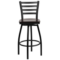 Flash Furniture HERCULES Series Black Ladder Back Swivel Metal Barstool - Walnut Wood Seat - 2 Pack-Set of 2 Metal Dining Bar Stools