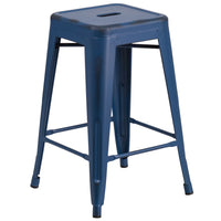 Flash Furniture - Tabouret à hauteur de comptoir de 24 po haut. en métal bleu antique vieilli sans dossier-Tabouret moderne empilable style industriel