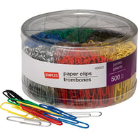 Staples Jumbo Vinyl-Coated Paper Clips - Assorted Colours - 500 Pack-Vinyl coated, metal paper clips slide easily, never leave marks on your documents