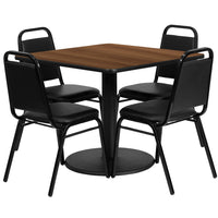 Flash Furniture 36" Square Walnut Laminate Table Set with Round Base & 4 Black Trapezoidal Back Banquet Chairs-Table and Chair Set