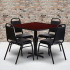 Flash Furniture 36'' Square Mahogany Laminate Table Set with X-Base and 4 Black Trapezoidal Back Banquet Chairs-Set Includes 4 Banquet Chairs, Square Table Top and X-Base