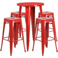 24'' Round Red Metal Indoor-Outdoor Bar Table Set with 4 Square Seat Backless Barstools (CH-51080BH-4-30SQST-RED-GG)-Indoor Outdoor Sets