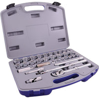 Gray Tools 33 Piece 3/8" Drive 6 Point SAE & Metric, Standard Chrome Socket & Attachment Set-Contains: 5/16", 3/8", 7/16", 1/2", 9/16", 5/8", 11/16", 3/4", 13/16", 7/8", 7, 8, 9, 10, 11, 12, 13, 14, 15, 16, 17, 18, 19, 20, 21, 22mm sockets, Reversible Ratchet, 9" Flex Handle, U-Joint, 3" & 6" Extension sand 2 Spark Plug Sockets.
