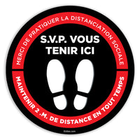 Eddie's "Veuillez vous tenir ici" Anti-Slip Floor Decal - Red/Black - 8" Diameter - French - 2 Pack-Social Distancing / Covid-19 Decal