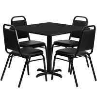 Flash Furniture, 36'' Square Black Laminate Table Set with X-Base and 4 Black Trapezoidal Back Banquet Chairs-Table and Chair Set