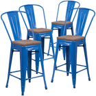 Flash Furniture 24" High Metal Counter Height Stool with Back & Wood Seat - Blue-Curved Back with Vertical Slat