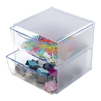 Deflecto Stackable Cube Organizer - 2 Drawers - 2 Compartments - Clear (350101)-Modular 2 compartment organizer stacks together with metal linking clips to create a custom system keeping cubes secure