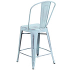 Flash Furniture Commercial Grade 24" High Distressed Green-Blue Metal Indoor-Outdoor Counter Height Stool with Back-Distressed Dream Blue Powder Coated Frame Finish