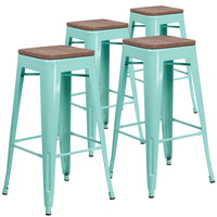 Flash Furniture 30" High Backless Mint Green Barstool with Square Wood Seat-Set of 4 Stackable Industrial Style Modern Stools