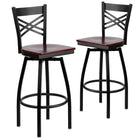 Flash Furniture HERCULES Series Black "X" Back Swivel Metal Barstool - Mahogany Wood Seat - 2 Pack-"X" Back Design