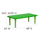 Flash Furniture 24"W x 48"L Rectangular Green Plastic Height Adjustable Activity Table Set with 6 Chairs-Safety Rounded Corners