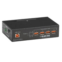 Black Box Industrial USB 2.0 Hub with Isolation - 4-Port-Black,  Upstream port: (1) USB Type B F (high retention with withdrawal of >15 N); Downstream ports: (4) USB Type A F (high retention with withdrawal of >15 N)