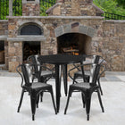 Ensemble avec table ronde en métal de 30 po et 4 sièges à accoudoirs, intérieur/extérieur, noir (CH-51090TH-4-18ARM-BK-GG)-30 larg. x 30 prof. x 29,50 haut. (po)