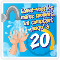 Eddie's "lavez-vous les mains souvent - en comptant jusqu'a 20" Social Distancing Decal - 7.5" x 7.5" - French-Easy to understand graphics and messaging