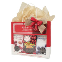 Dolce & Gourmando Chocolate Covered Fruit Treats Gift Bag-Gift pack includes: Chocolate covered dried blueberries, Chocolate Covered Cranberries and Almonds and Milk Chocolate covered cranberries