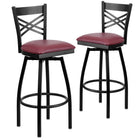 Flash Furniture – Tab. de bar pivotant Hercules en métal noir, dossier à traverses en « X », assise en vinyle bourgogne, 2/pqt-Ensemble de 2 tabourets de bar en métal pour la salle à manger