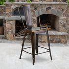 Flash Furniture Commercial Grade 24" High Distressed Copper Metal Indoor-Outdoor Counter Height Stool with Back-Floor Protector Rubber Glides