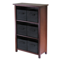 Winsome Verona 3-Section M Storage Shelf with 6 Foldable Black Fabric Baskets, Antique Walnut-This storage shelf comes with 6 foldable black fabric baskets.
