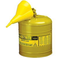 Justrite Type I Safety Cans with Funnel, 5 Gal., 11 3/4" x 16 7/8", Yellow-Compliant Type I Safety Cans are designed with a single spout for filling and pouring of all types of flammable liquids