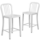 Flash Furniture Commercial Grade 24" High Metal Indoor-Outdoor Counter Height Stool with Vertical Slat Back - White - 2 Pack-500 lb. Static Weight Capacity