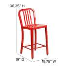 Flash Furniture Commercial Grade 24" High Metal Indoor-Outdoor Counter Height Stool with Vertical Slat Back - Red - 2 Pack-Designed for Indoor or Outdoor Use