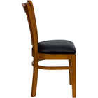 Chaise de restaurant de la série HERCULES en bois de cerisier à dossier à lattes verticales - siège en vinyle noir-Siège rembourré en vinyle noir
