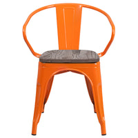Flash Furniture Orange Metal Chair with Wood Seat & Arms-Set of 4 Stackable Bistro Style Chairs
