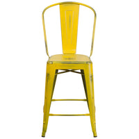 Flash Furniture 24" High Distressed Metal Indoor-Outdoor Counter Height Stool with Back - Yellow-Bistro Style Counter Stool