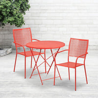 Table de jardin ronde (30po) et pliable en acier corail/2 chaises au dossier carré, intérieur/extérieur [CO-30RDF-02CHR2-RED-GG]-L’ensemble comprend une table pliable et deux chaises