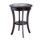Winsome Cassie Round Accent Table With Glass, Cappuccino-Round wood accent table has a solid wood frame with glass top.  The 20" diameter top is a great size for a lamp, floral or photo display.  Curved legs give the table a traditional as well as contemporary look.  Finished in a rich cappuccino colour, it coordinates with many room d&eacute;cors