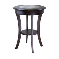 Winsome Cassie Round Accent Table With Glass, Cappuccino-Round wood accent table has a solid wood frame with glass top.  The 20" diameter top is a great size for a lamp, floral or photo display.  Curved legs give the table a traditional as well as contemporary look.  Finished in a rich cappuccino colour, it coordinates with many room d&eacute;cors