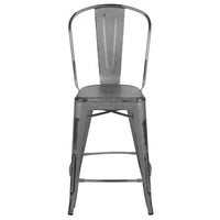 Flash Furniture Commercial Grade 24" High Distressed Silver Grey Metal Indoor-Outdoor Counter Height Stool with Back-Set of 4 Bistro Style Counter Stools