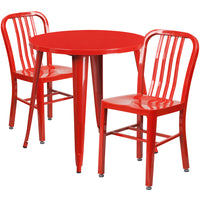 30'' Round Red Metal Indoor-Outdoor Table Set with 2 Vertical Slat Back Chairs [CH-51090TH-2-18VRT-RED-GG]-Metal Cafe Table