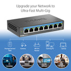 D-Link 8-Port Multi-Gigabit Unmanaged Switch-Flow Control helps minimize dropped packets for a more reliable connection
