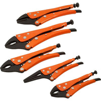 Gray Tools 5 Piece General Service Set, Straight, Curved & Long Nose Locking Pliers-Contains: 10" locking plier with straight Jaws, 10" Locking Plier with curved jaws, 10" locking plier with curved jaws & wire cutter, 7" locking plier with long nose, and 5" locking plier with curved Jaws & wire cutter.